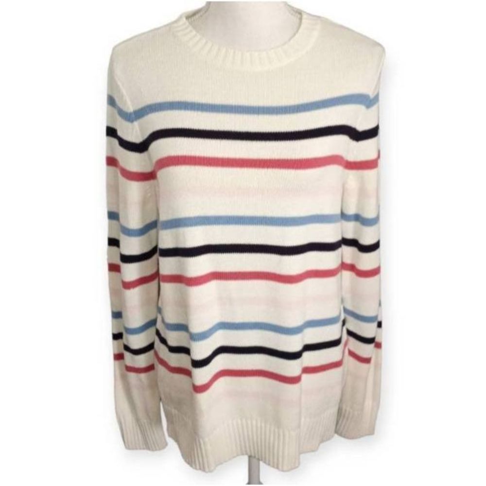 Style & Co. Cream Crewneck Sweater with Blue, Black and Pink Stripes
